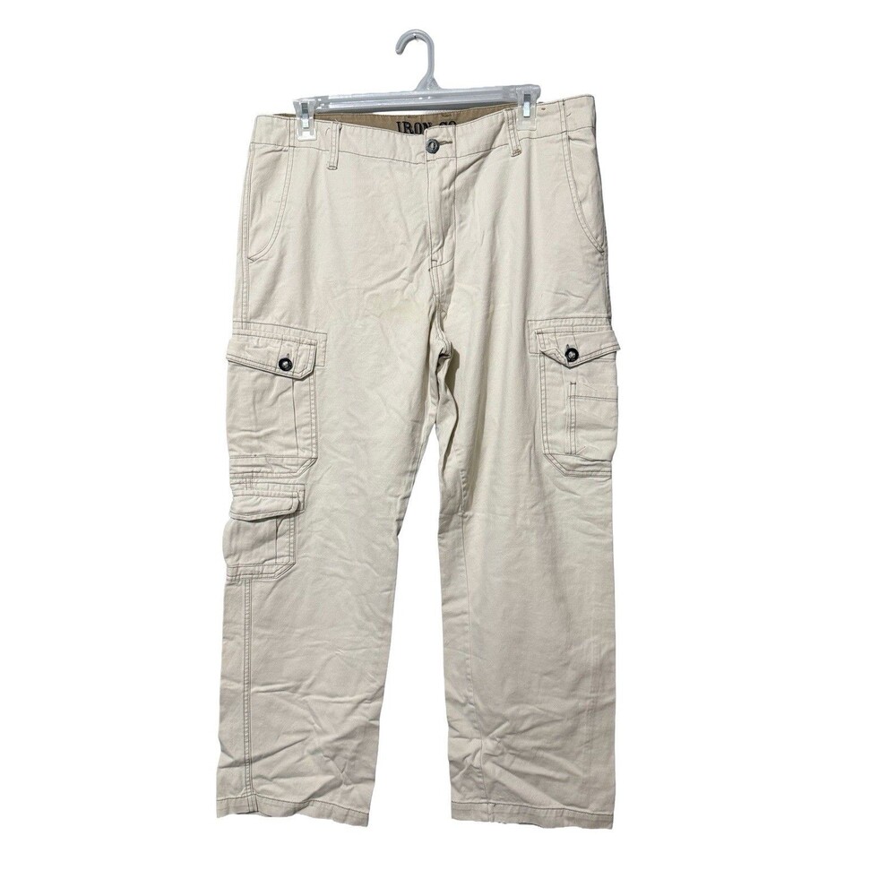 Iron Co Men’s Khaki Cargo Pants 38x32 Cotton Straight Leg Utility Pockets
